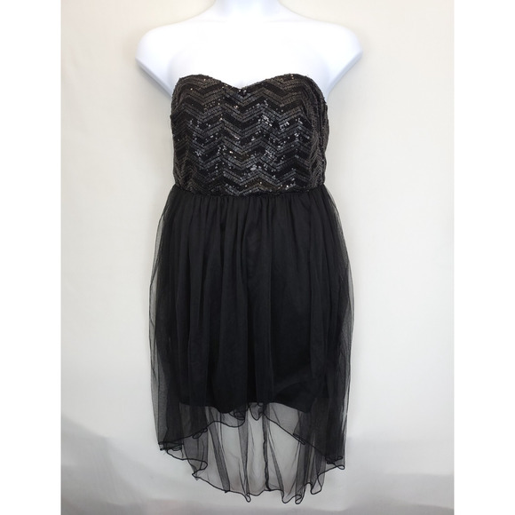 Maurices Strapless Sequin Tulle Dress High Low Women 14 Black Whimsigoth Festive - Picture 1 of 16